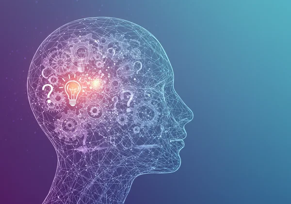 Brain with gears and question marks, symbolizing cognitive health.