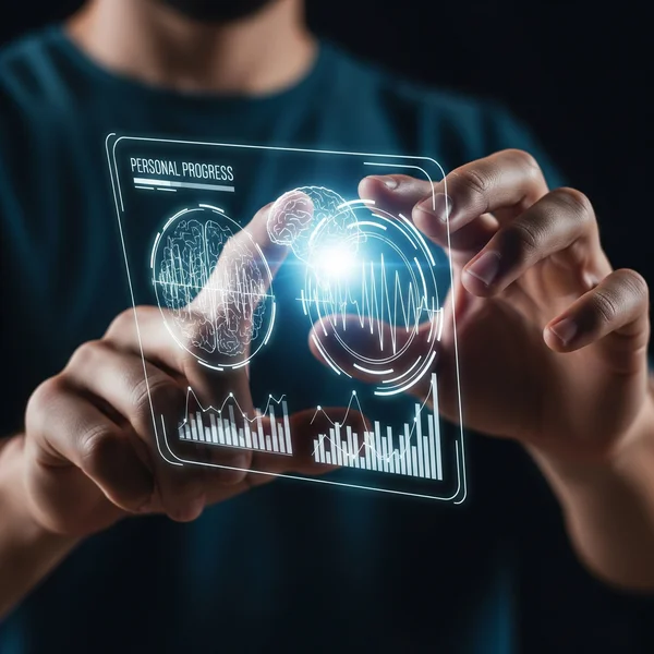 User taking an online cognitive test on a futuristic screen.