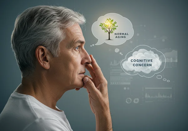 Person pondering a cognitive test, distinguishing normal aging.