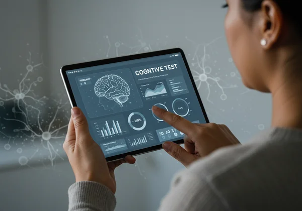 Digital cognitive test report with charts and insights.