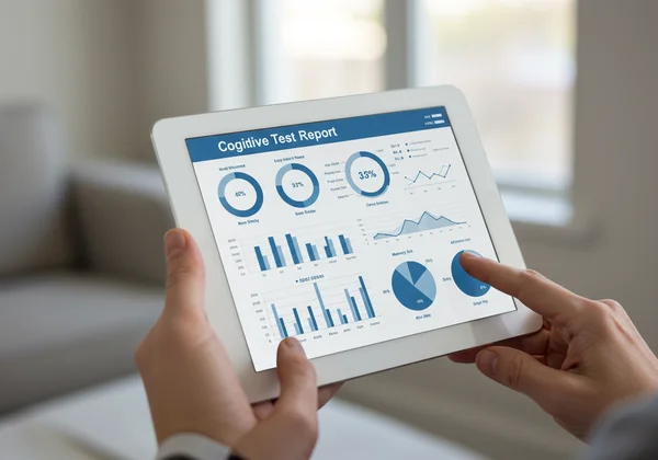 Una persona revisando un informe digital de prueba cognitiva en una tableta