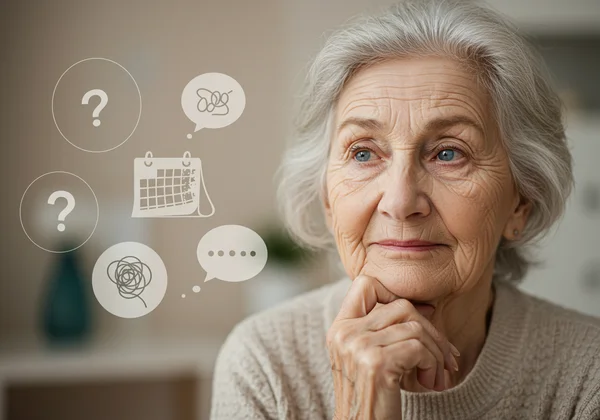 Una persona mayor con aspecto pensativo, rodeada de signos de interrogación