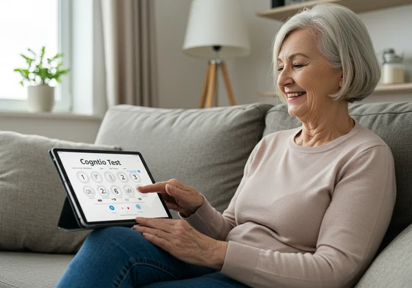 Una persona mayor usando una tableta felizmente en un entorno doméstico