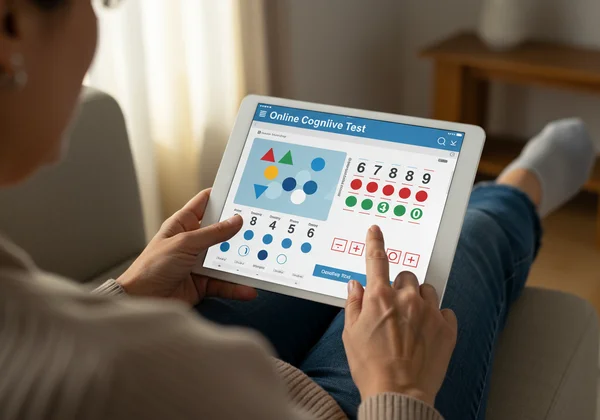 Persona che esegue un test cognitivo su un tablet o un computer